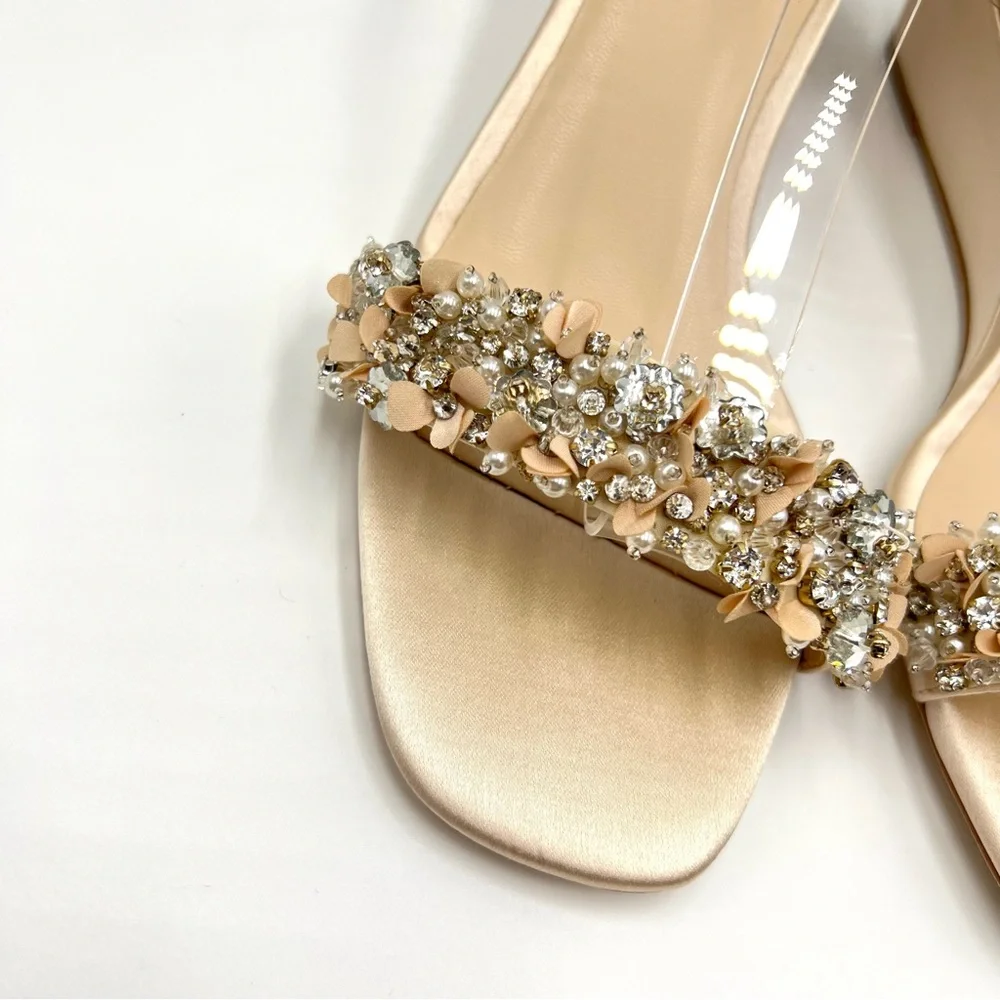 Badgley Mischka Size 7 Nude Satin Jeweled Low Wedges Heels Dress Sandals Shoes‎